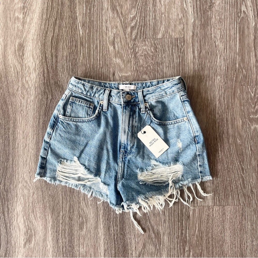 Forever 21 Light Blue Distressed High-Waist Jean Shorts